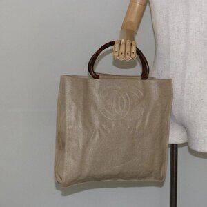 CHANEL Hand Bag Coated Canvas Beige Gold CC Auth 147411
